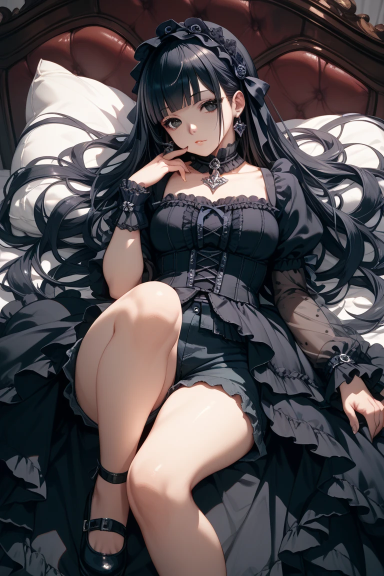 Highest quality,Highest Resolution,Beautiful girl in gothic leotard,Frills,Super High Leg,whole body,front,Very beautiful eyes,Bedroom,Night view outside the window,Knee-high stockings,Standing posture,Place your hands behind your head.,