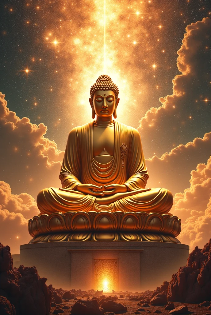 Buddha statue in front of golden background with clouds, Buddhism, a Buddhist Buddha, Buddhist, Spiritual enlightenment, Buddha, On the road to enlightenment, On the road to enlightenment, enlightening. Intricate, enlightening, samsara, buddhist art, Enlightened, floating in a powerful zen state, Beautiful image, puṣkaracūḍa, dharma artifacts，Special effects full of international special effects