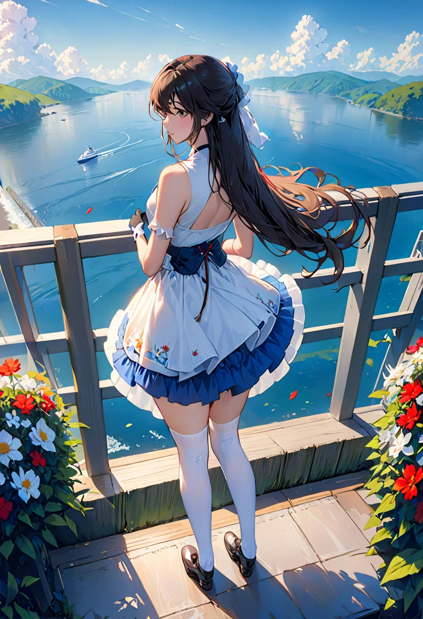 ((Best quality)), ((Masterpiece)), ((1girll)), Solo, ferry, ((Long hair)), Ferry base, ((upper legs)), Bare shoulders, ((jewelry)), ((Sleeveless)), White dress, Blue skirt, ((mitts)), thigh high, From behind,(Monet, Impresionismo, Oil painting), 0