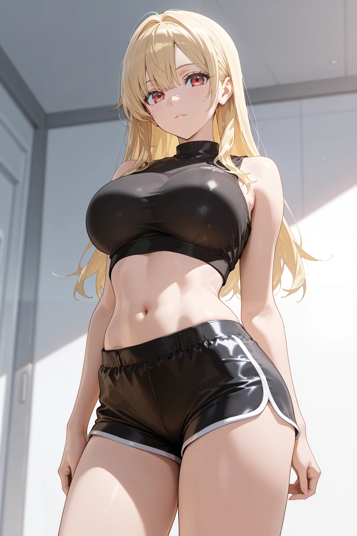 A girl with big tits, yellow hair, tight white leggings, and a black shirt