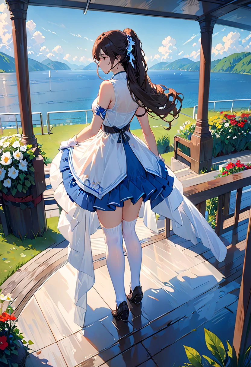 ((best quality)), ((masterpiece)), ((1girl)), solo, Ferry, ((long hair)), FerryBase, ((thighhighs)), bare shoulders, ((jewelry)), ((sleeveless)), white dress, blue skirt, ((gloves)), thigh-high, from behind.
