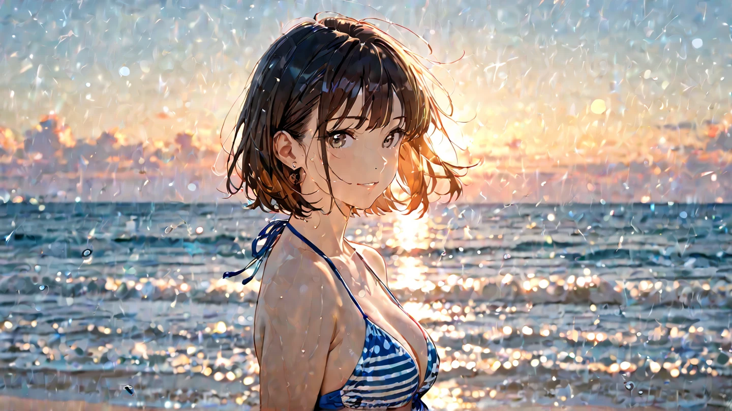 Evangelion Bikini, male focus, ikari shinji, Super big breasts breast enlargement blushing sitting alone on the beach full-body shot illustration, ultra-detailed, HDR, vibrant colors, soft lighting
