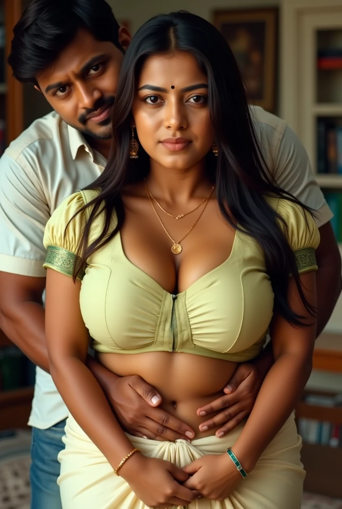 Indian brown mom in saree deep cleavage with kid lean boy, boy shorter than mother, sedusing mom thick thighs, boy squeezing moms big , side view, mother son love