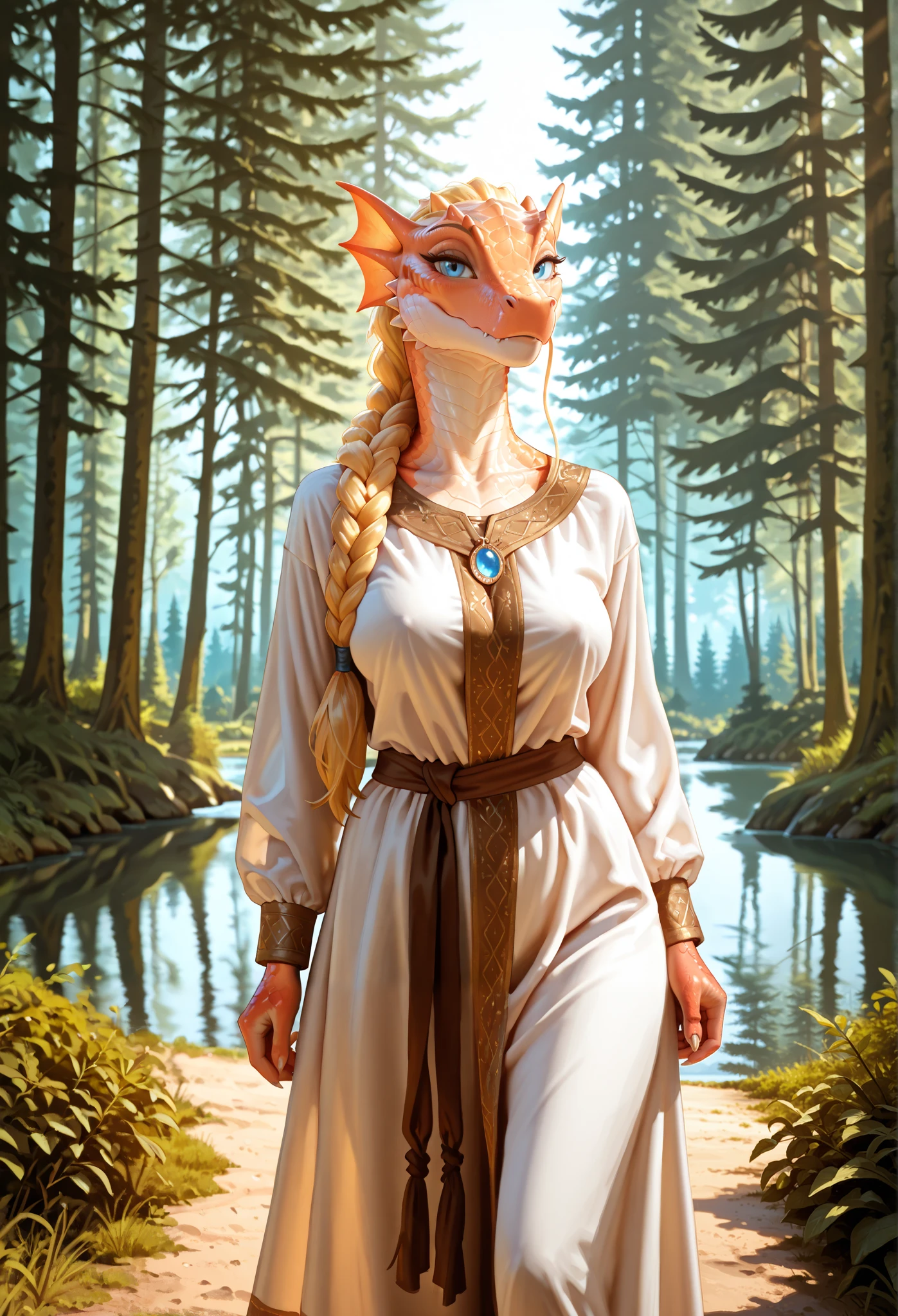 (anthro_dragon,female,high detailed scalie skin, slim body), ultra realistic, full growth, detailed facial features, big fake breasts, blonde hair, blue eyes, long braid hair, seductive expression, ancient russian robe, (forest, russian forest, foliage, lake shore in the forest), elegant posture, serene expression, piercing eyes, intricate scales, photorealistic, 8K, HDR, natural lighting, physically based rendering, extremely detailed, professional, vibrant colors, sunlight, soft fog, dramatic lighting, fantasy digital art, concept art, digital painting