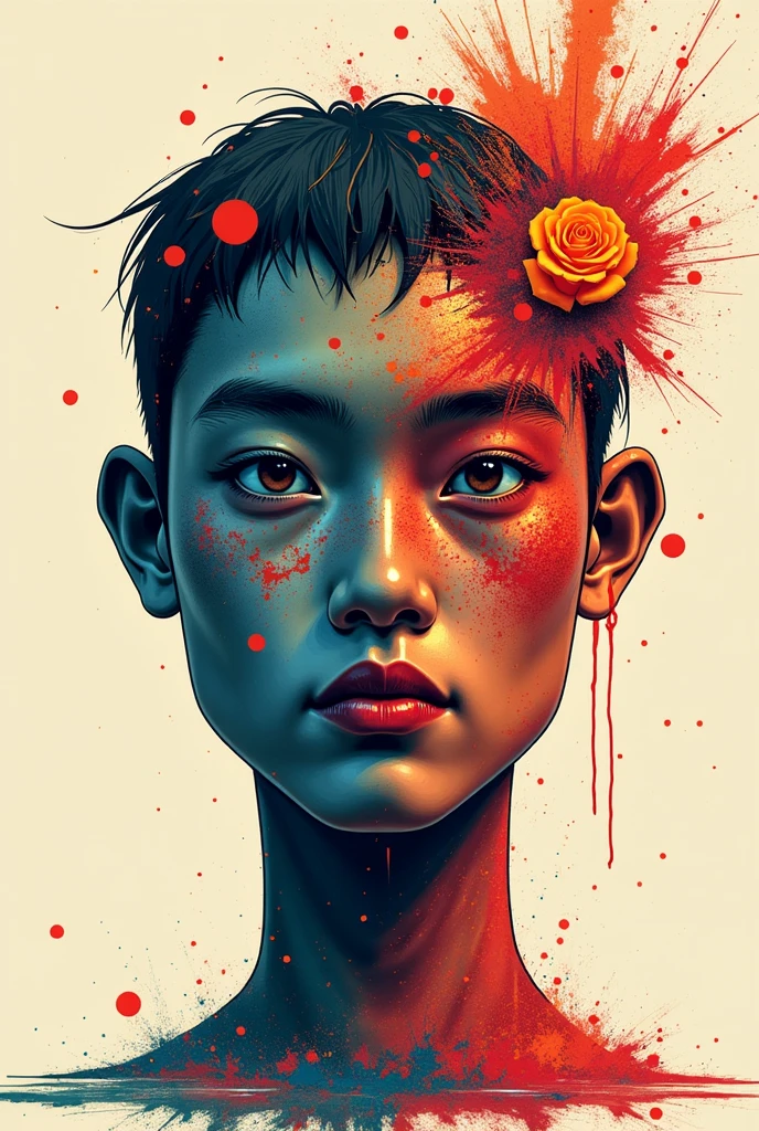 Cover of a book, hardcover with an orange background and an Asian boy crying blood