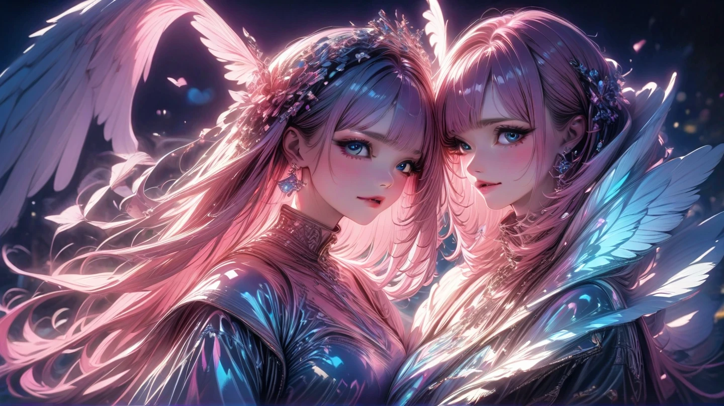 1 girl, Chinese_Clothes, 液体シルバーとpink, Cyberhan, China dress, wing, cyber punk City, dynamic pose, glowing headphones, glowing hair accessories, long hair, sparkling earrings, shining necklace, cyber punk, high tech city, メカニカルでfuturistic要素が満載, futuristic, technology, shining neon, pink, pink light, transparent tulle, transparent streamer, laser, Digital background city sky, big moon, with vehicle, 最high quality, table top, 8k, character edge light, Ultra high definition, high quality, the most beautiful woman in humankind, smile slightly, face is facing forward、It is symmetrical, earrings, beautiful pupil light effect, visual data, silvery hair, glowing clock