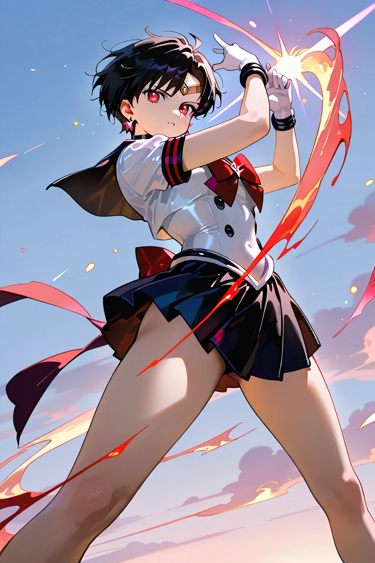 Sakura Kasugano jumping,bashful,white panties,shoot from below,ankle socks, blue skirt, crop top, headband, midriff, miniskirt, navel, sailor collar, , shoes, short sleeves, skirt, sneakers, socks, stomach, shirt, white shirt, white headband, gloves, red gloves,school sky,