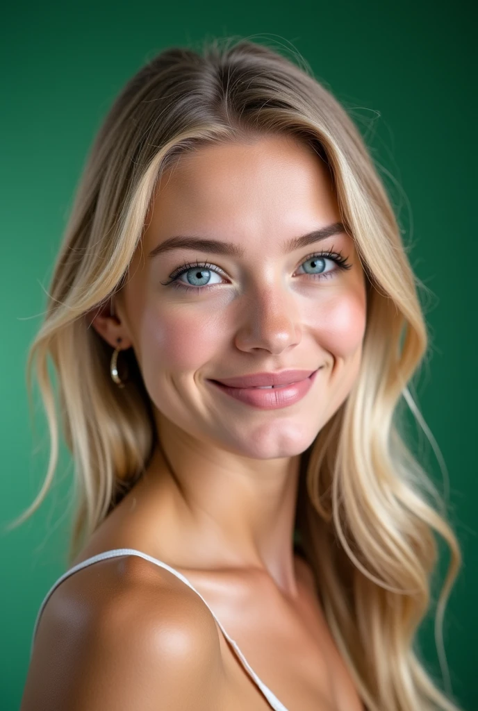 Close-up studio portrait on a green background of a young,  a very beautiful skinny blonde with blue eyes, very plump lips and long flowing hair and a barely noticeable smile.  The camera is located in front of the . highly detailed face, studio lighting,  realistic skin, maximum realism, juicy ,  clear tone, rich colors.