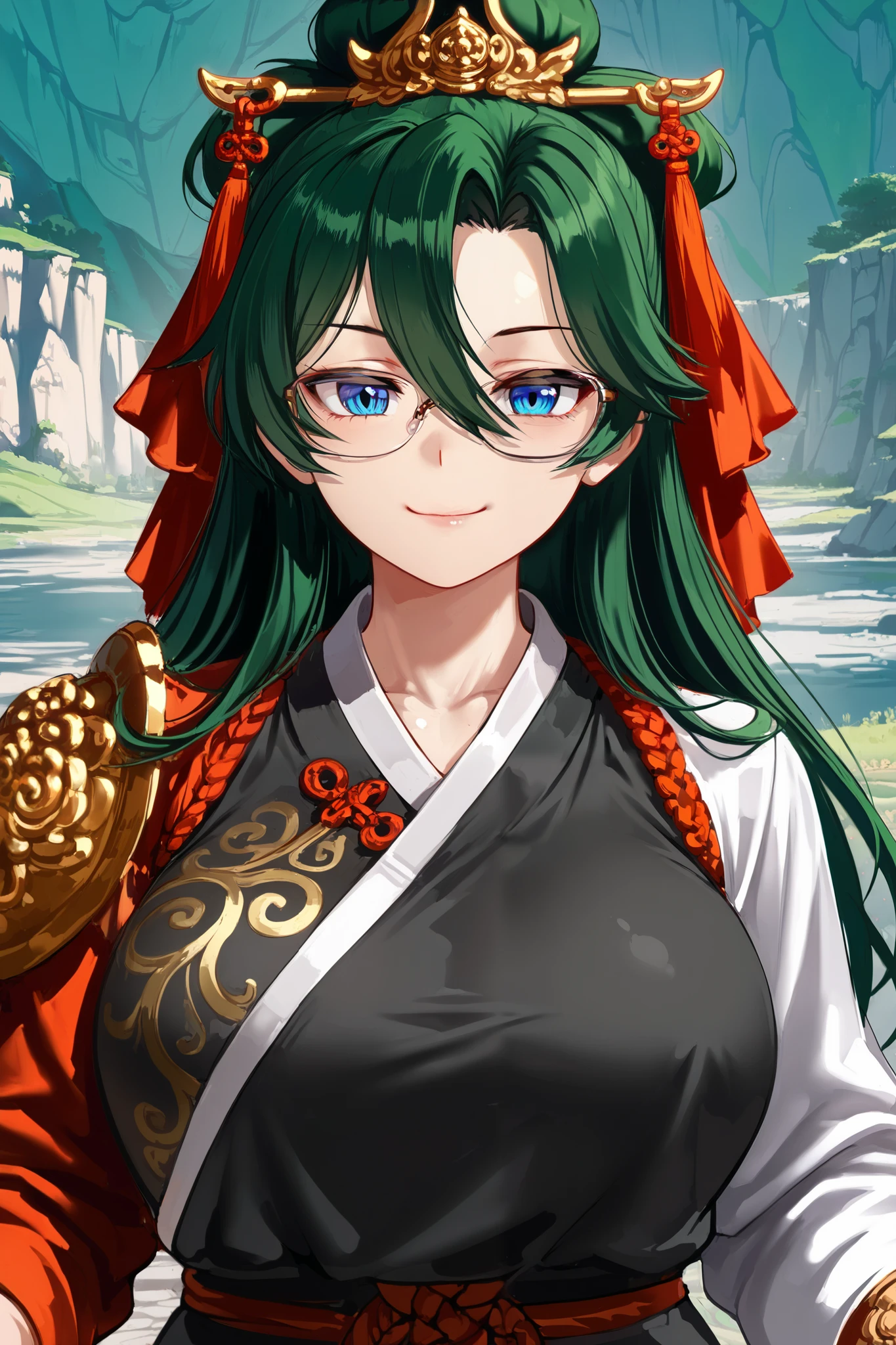 ((green hair)), ((long bangs)), ((thick glasses)), ((blue eyes)), ((tomboy)), ((cheerful expression)), ((chinese armor)), ((chinese warrior)), ((fair skin)), ((mature female)), ((chinese clothing)), ((valley background)), (curvy body), ((martial artist)), ((chinese royalty)), ((complementary colors)), 1girl, beautifully drawn, high resolution illustration, best quality, High definition, ((detailed anime sketch)), Masterpiece, (solo), absurdres, ((upper body)), ((long hair)), detailed background, fine detail, female focus, HDR,