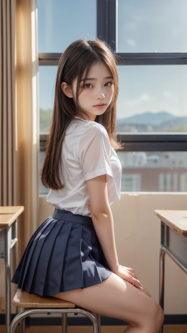 (masterpiece:1.2, top-quality), (realistic, photorealistic:1.4), beautiful illustration, (natural side lighting, movie lighting), ,
looking at viewer, face focus, upper body, 1 girl, japanese, high school girl, perfect face, cute and symmetrical face, shiny skin,
(long hair:1.5, straight hair:1.4, dark purple hair), hair over one eye, dark purple, long eye lasher, (, thighs, big ), hardening, slender,
beautiful hair, beautiful face, beautiful detailed eyes, beautiful clavicle, beautiful body, beautiful , beautiful thigh, beautiful legs, beautiful fingers,
((navy school gym uniform, navy school buruma)),
(beautiful scenery), evening, (school cl room), school desk, school chair, window, curtains, blackboard, standing, (sad),
