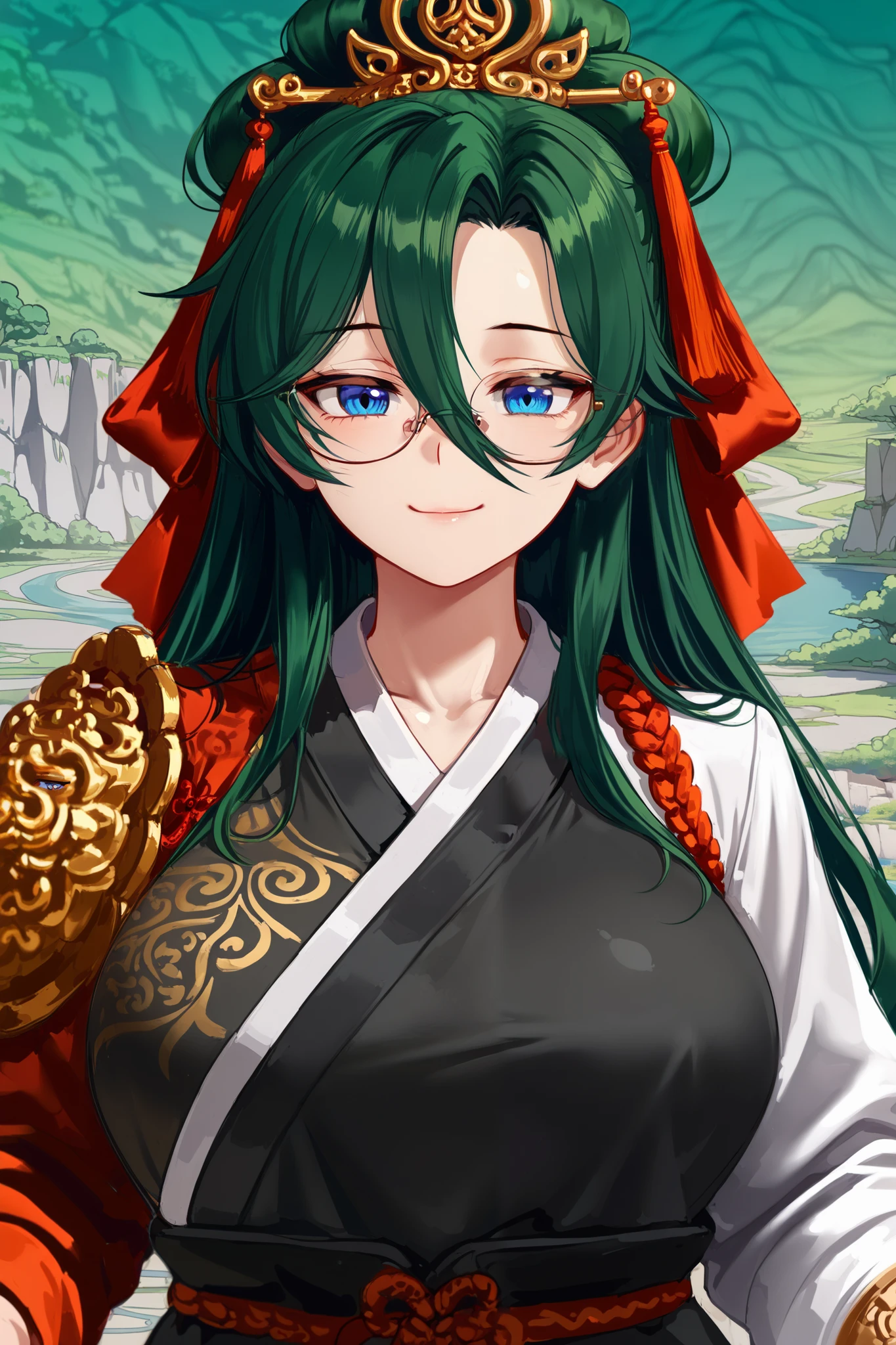 ((green hair)), ((long bangs)), ((thick glasses)), ((blue eyes)), ((tomboy)), ((cheerful expression)), ((chinese armor)), ((chinese warrior)), ((fair skin)), ((mature female)), ((chinese clothing)), ((valley background)), (curvy body), ((martial artist)), ((chinese royalty)), ((complementary colors)), 1girl, beautifully drawn, high resolution illustration, best quality, High definition, ((detailed anime sketch)), Masterpiece, (solo), absurdres, ((upper body)), ((long hair)), detailed background, fine detail, female focus, HDR,