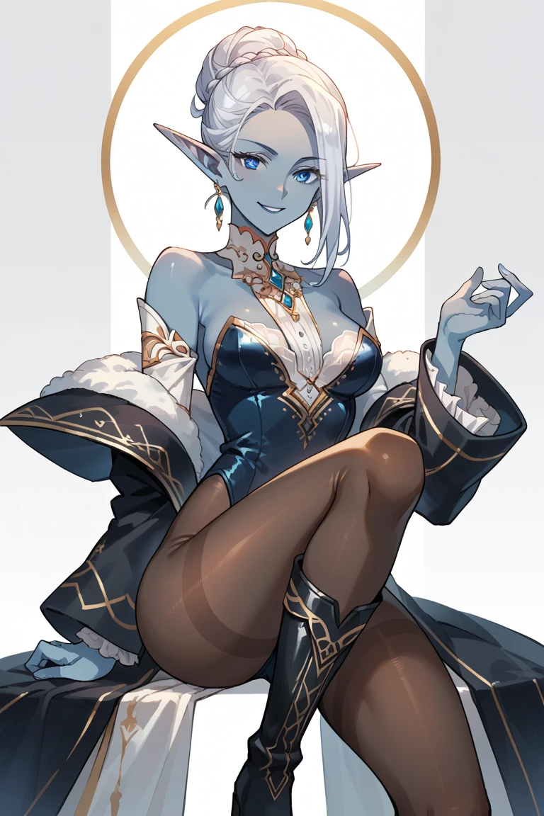 ((Лучшее качество)), ((шедевр)), (подробный), a naked elf with dark skin, with big nipples, with her legs spread and a shaved pussy, ahegao, in stockings, with her tongue sticking out from which saliva drips onto her chest, thrusts her fingers into her shaved anus