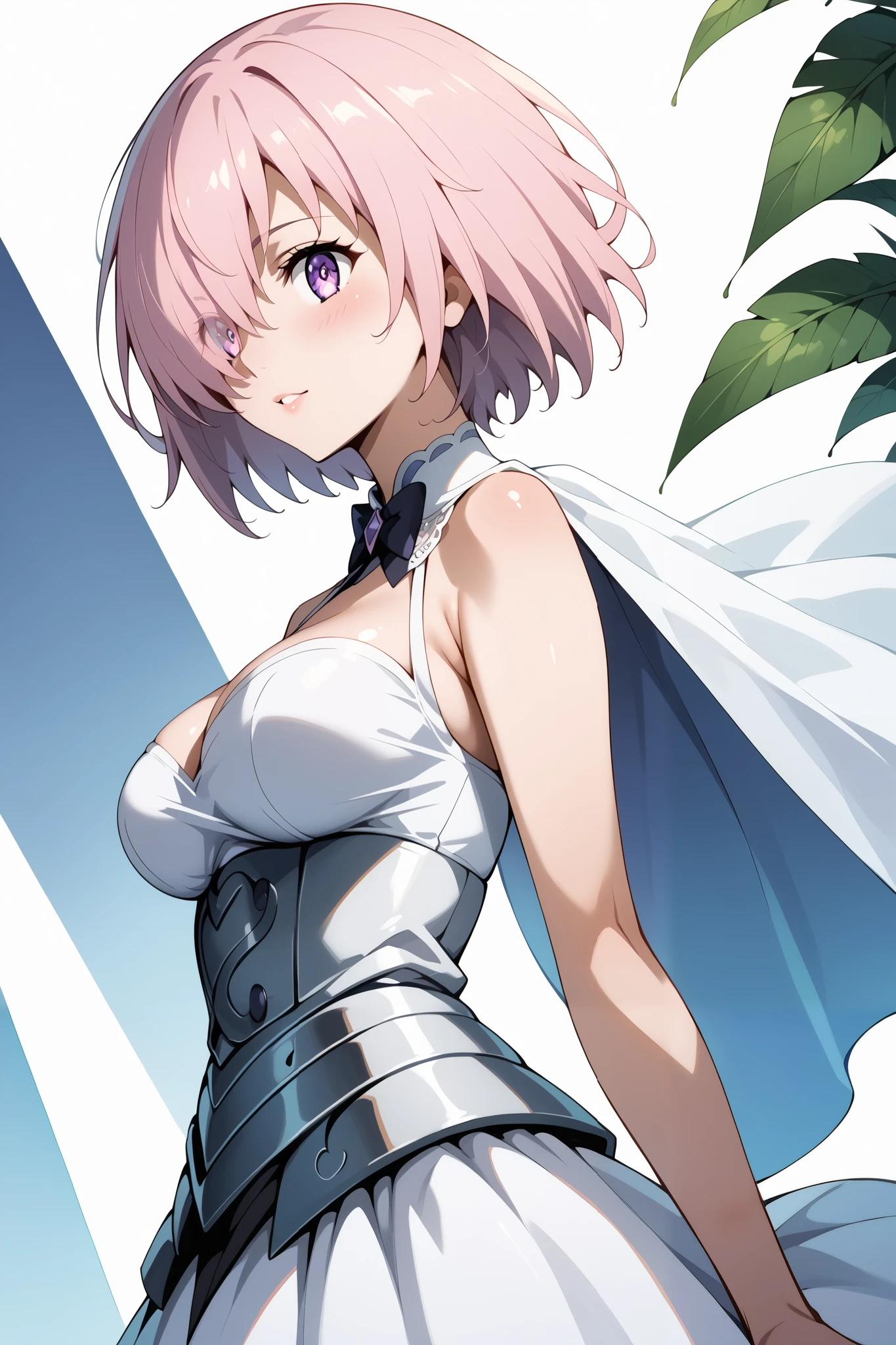 score_9, score_8_up, score_7_up, source_anime, 4K,perfect fingers,(perfect hands, perfect anatomy),prefect lighting, very aesthetic, intricate details,highly detailed background, masterpiece, high quality, best quality,
1girl, mashkyrielight, mash kyrielight, short hair, purple eyes, pink hair, hair over one eye, large breast,
wearing ((black wedding dress, ))
front, Angle from the side、White background, Simple Background、Character portrait,