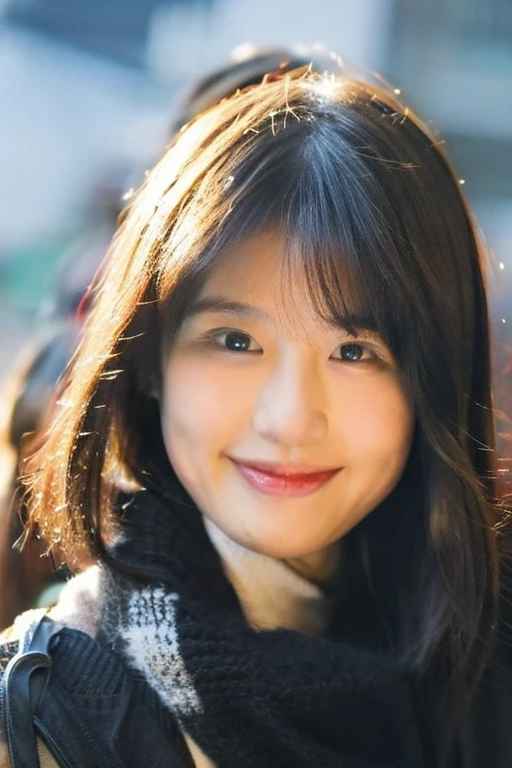 The face of the hostess、turtleneck wool sweater、hiquality、A hyper-realistic、healthy、Smiling expression、Slender perfect figure、Japan Beauty、 perfect eyes、Beautiful skin、The upper part of the body、Snowy city