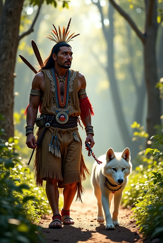 Realistic image of a man, alone, with long hair, looking at the viewer, black hair, brown eyes, jewelry, braid, earrings, dark skin, necklace, mole, dark-skinned woman, lips, feathers, Native America, sitting on the green grass in the forest trees with her dogs