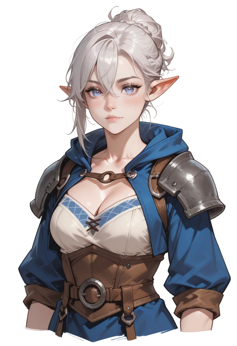 ophelia(claymore),1girl,Solo,fantasy,white skin,silver hair,show the forehead ,((slicked back hair)),((hair pulled back)),(single braid),(long braid),(large braid),yellow eyes,white bodysuit,collarbone,knight outfit,naughty smile,smirk,((simple background)),gray background,old school fantasy art,elf