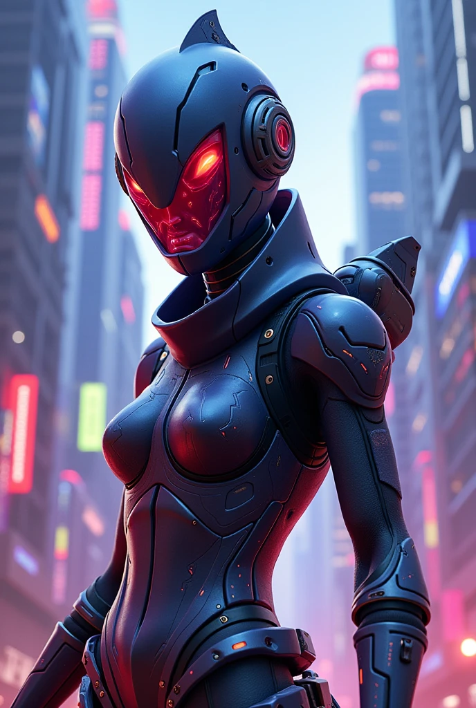 The beautiful figure of Ultraman Woman。Cover his true face with a black mask。Drossel's eyes shine。The whole body is covered with a black bodysuit。One female protagonist。Purple lines color the whole body beautifully。The chest has a radiant core。