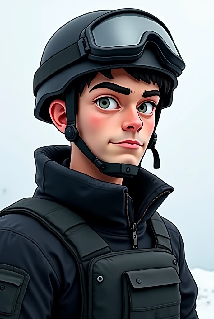 white man, green eyes, black hair.