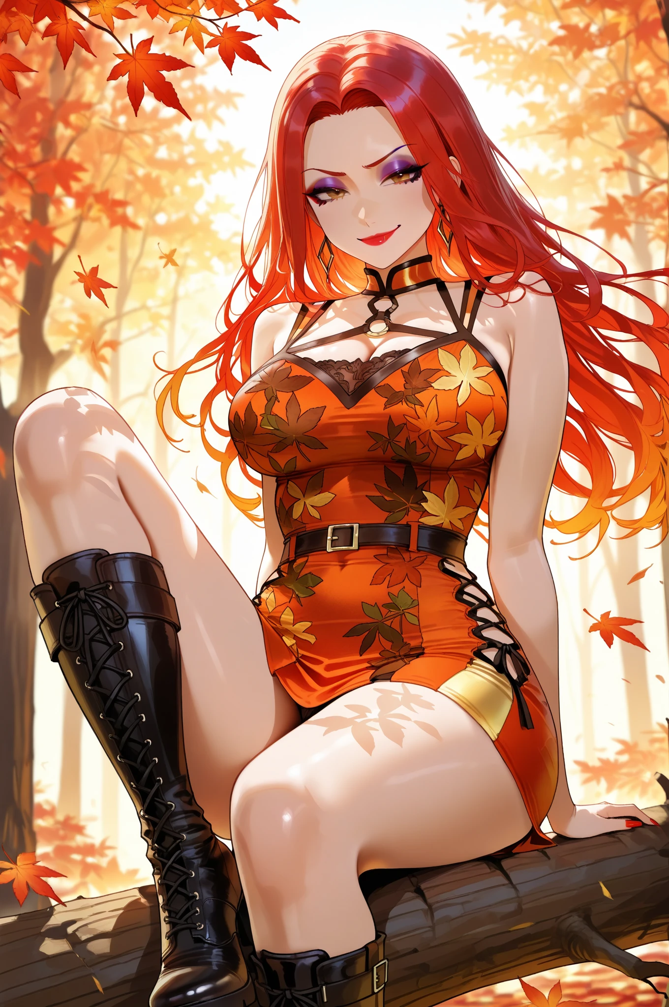 1 girl、kiss,Red lips,Fox ears,(8k、Highest image quality、best quality、masterpiece)、Full body orange tights,Orange headdress,Orange gloves,Orange stockings,slim,Large Breasts,Extremely detailed facial details, handcuffs,collar,Calm expression,Red lips,sweet smile,Black long hair, Charming red eyes, Fox ears, Ridiculously big, glowing skin,forest,Flowers,Sitting in a sea of flowers,Grand scene