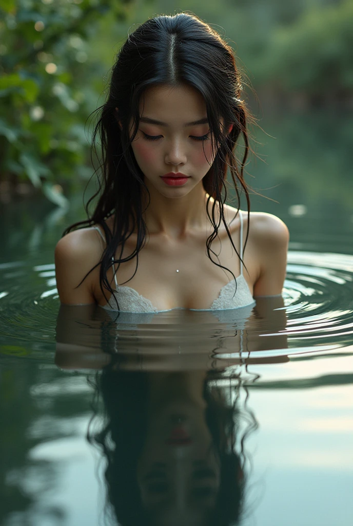 nsfw: 1.5, masterpiece, highest quality, high quality, high resolution, high quality textures, high quality shadows, high detail, beautiful detail, detailed detail, highly detailed CG, detailed texture, realistic representation of face, realistic, colorful, delicate, (realistic, photorealistic: 1.37), highly detailed CG Unity 8k wallpaper, absurd, incredibly absurd, full body, (( Woman lying face down in a swamp)), 24 years old, Japan model, cinematic light, side lights, lens flares, ray tracing, (intricate details, makeup, PureErosFace_V1:0.5), (oversized breasts), (the tip shape of the is clearly visible), (the areola shape is clearly visible), (the shape of the pubic area is clearly visible), (bristly pubic hair), ( Split bandeau, see-through lingerie), (high-cut panties), (T-back panties), (mini bra), (camouflage lingerie: 1.5), (Japan people), (detailed and beautiful delicate face), detailed and beautiful and delicate eyes, perfectly proportioned body, highly detailed skin, detailed skin, up to four fingers and one thumb relationship, arms under chest, wide hips, smooth abdomen, thin, Forest, Marsh, (Deep Swamp: 1.5)))), Mother Nature, (Woman Moving Forward in a Large Swamp: 1.4)), (((One third of her body is immersed in a swamp)), ((Water plants filling your feet)), (Large quagmire)), ((Dirty swamp: 1.5)), Swamp with many water grass, Good condition, (Full body angle), (Ponytail)), (Shot from a transcendent low angle))), ( The best relationship between one right foot and one left foot)), ((depiction of a healthy hand and foot condition)),