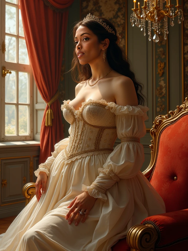 Oil art girl, victorian style, portrait, low neck corset, lace panties, big breasts, deep dark freckled cleavage, toplessnude, fairest alabaster skin, full ruby lips, Carlo Bugatti Throne Chair,