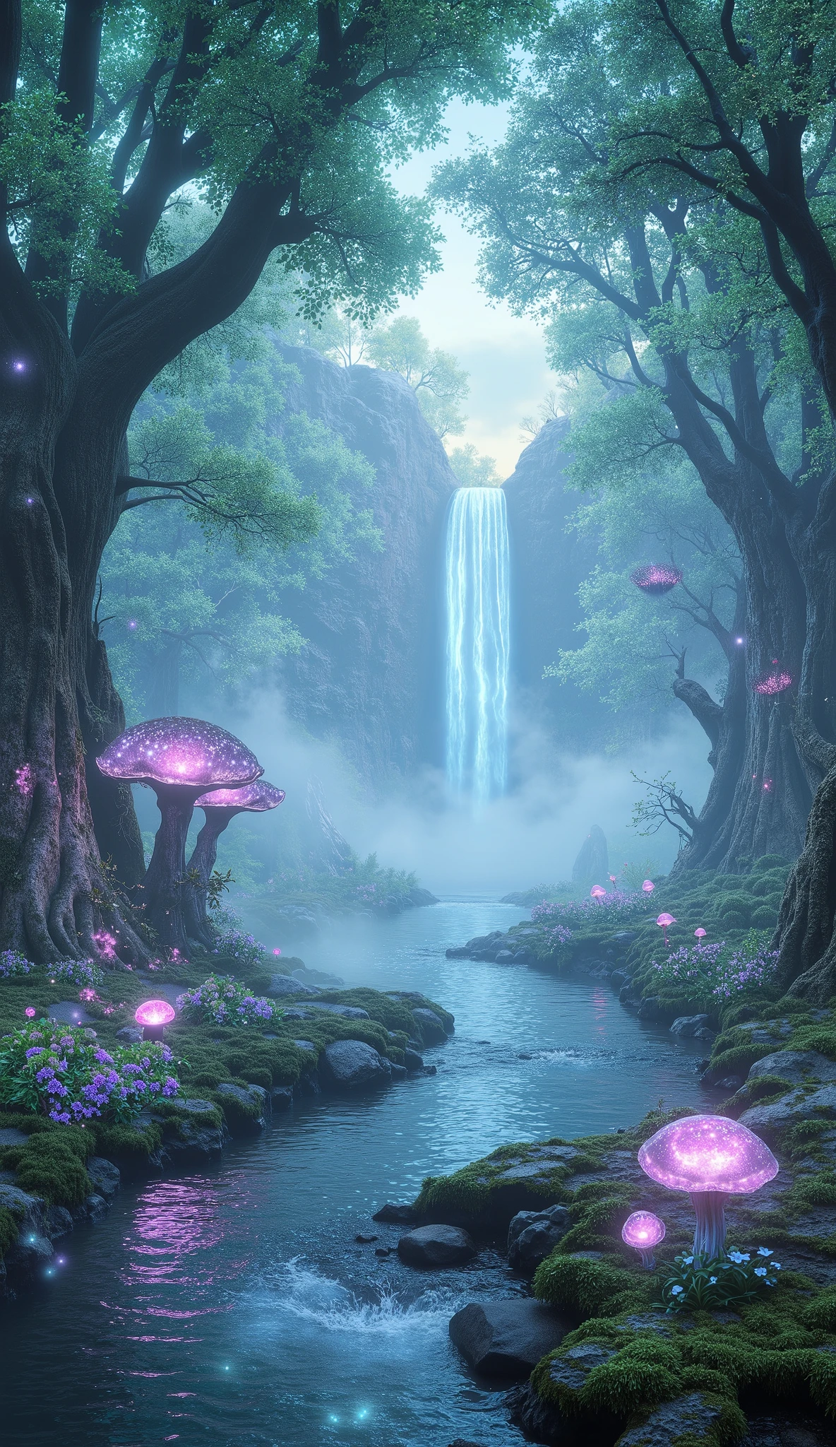 A breathtaking virtual forest filled with towering ancient trees whose bioluminescent leaves glow softly in shades of blue and green. A crystal-clear river winds through the forest, reflecting the twinkling light of floating fireflies. Mist hovers over the moss-covered ground, adding a mystical touch. Giant, luminescent mushrooms grow near the riverbank, emitting a soft, ethereal glow. The air is fresh, carrying the delicate scent of blooming flowers. In the distance, a grand waterfall cascades down a rocky cliff, shimmering like liquid diamonds under the golden sunset. The entire scene feels like a perfect harmony between nature and fantasy.