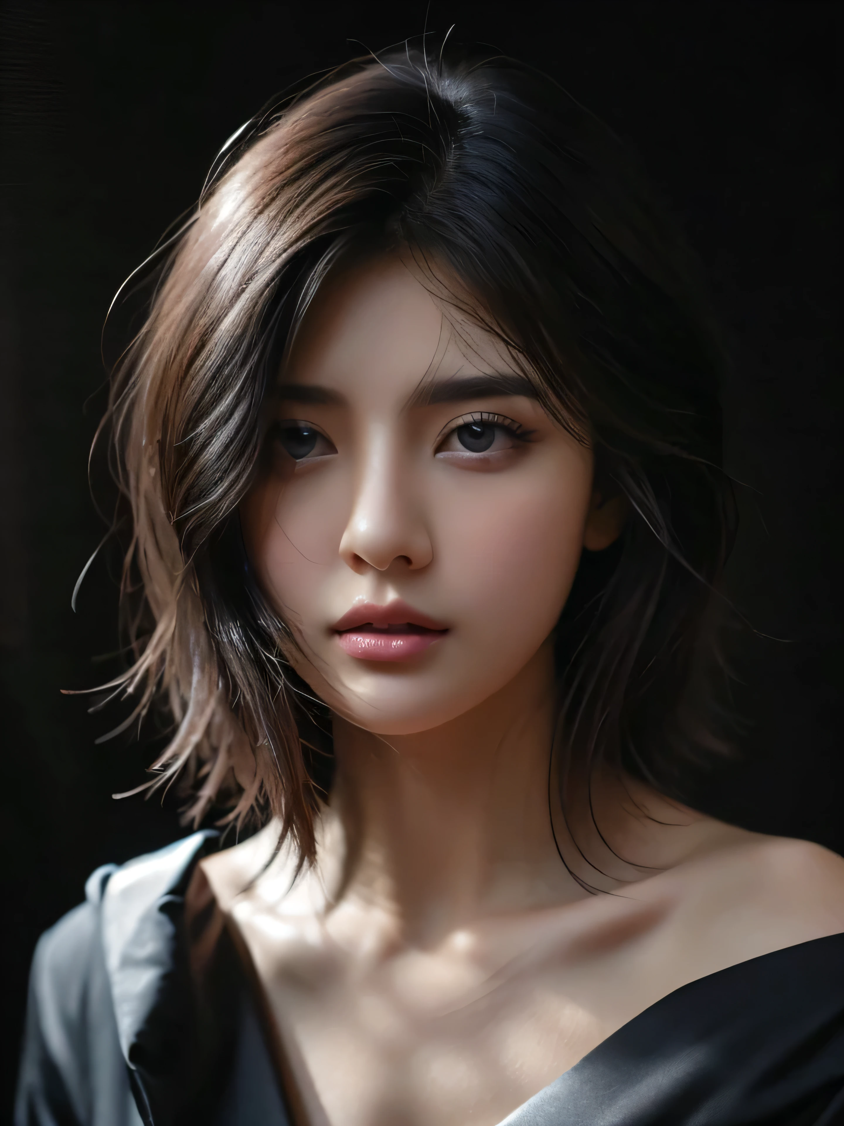 A pretty Persian girl, medium short cut hair, realistic, wearing business suits, perfect face, very large breast, 25 years old, raw photo, dark background, masterpiece, highest quality, Super detailed