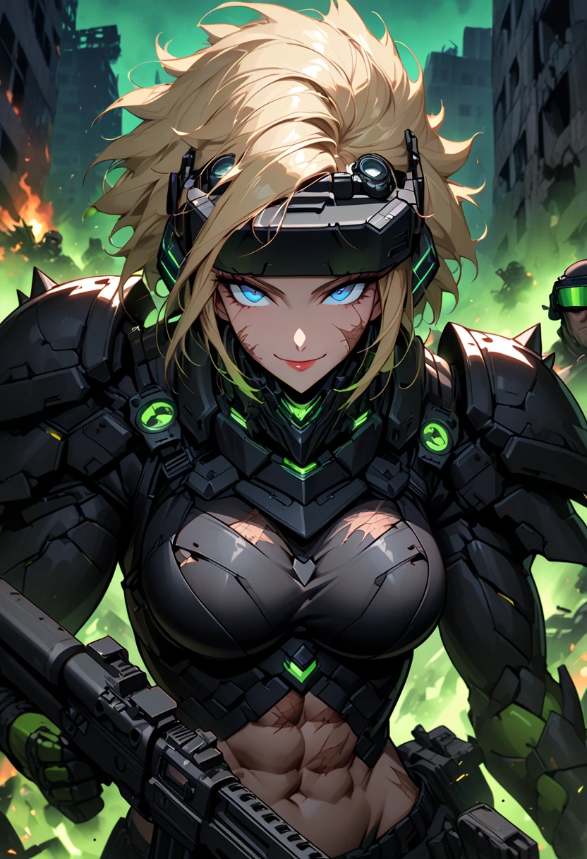 tired annoyed anime cat woman with green eyes and light green hair and cybernetic eye prosthesis, eye patch, face scar, sci-fi, mecha outfit, cybersuit, techwear, missing eye, burns, red eye prosthesis, muscular, messy ponytail, loose clothes, smaller breasts, single character