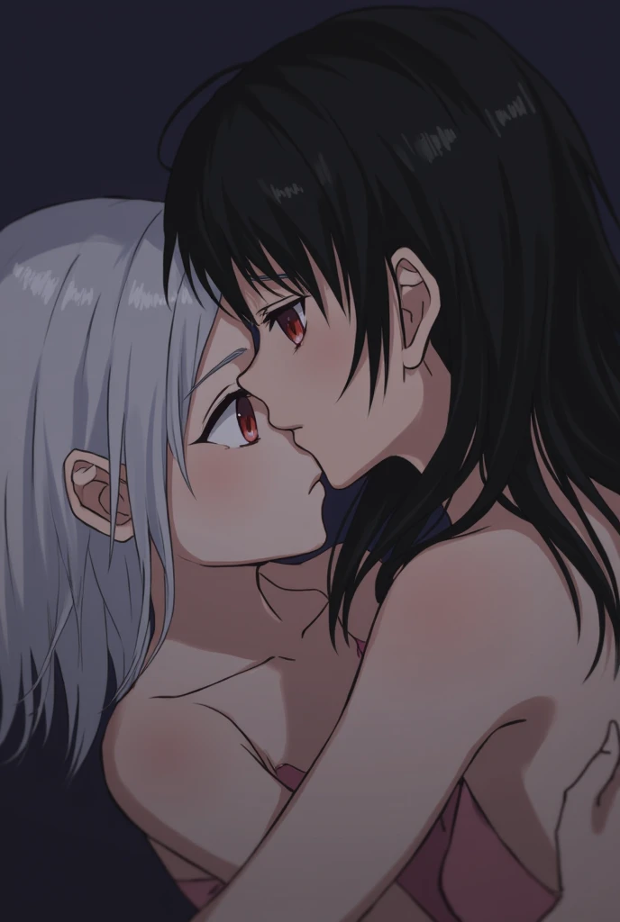 2 girls , bed,(Yukinoshita Yukino) , (Adult women, white hair) ,kiss , Drool,  check skirt, the skirt is rolled up, topless ,  white panties ,light blue panties, sex ,school