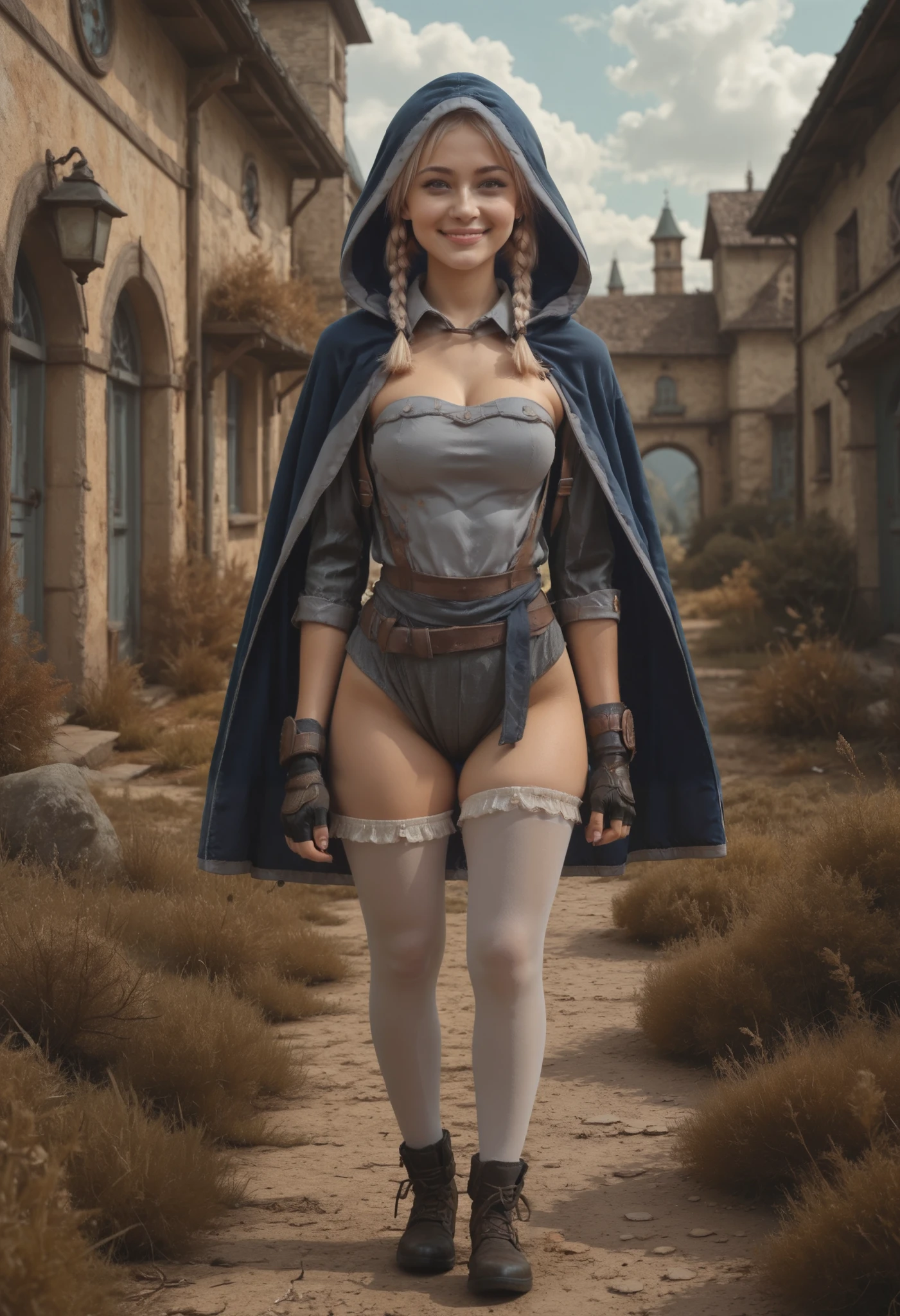 masterpiece, best quality, very aesthetic, absurdres, safe, masterpiece, best quality, absurdres, 1girl, solo, lancelotdulac, fingerless gloves, twin braids, smile, braid, outdoors, short hair, stockings, full body, hood, strapless