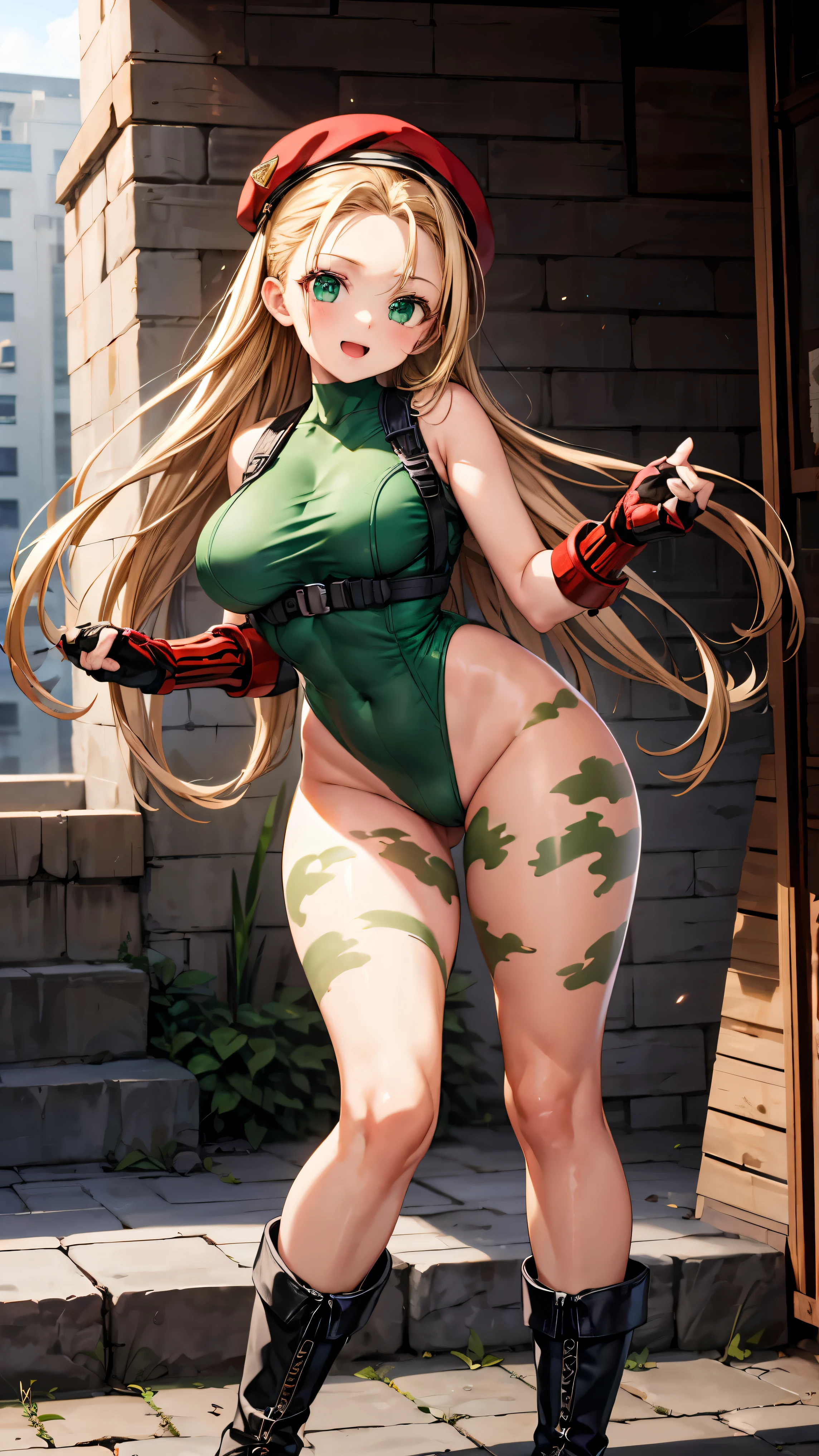 masterpiece、 high image quality、smiles、open mouth、(blonde long hair)、(standing:1.5、 and extend both hands:1.3、Big Breasts、SFW Giant Body、long legs)、 blue eyes、cammy white, long hair, blonde hair, beret , (red headwear:1.3), large breasts, ( green leotard :1.5),harness belt、 sleeveless, red gloves, fingerless gloves, camouflage、(black long boots)、(Belts Wrapped Around Thighs)
