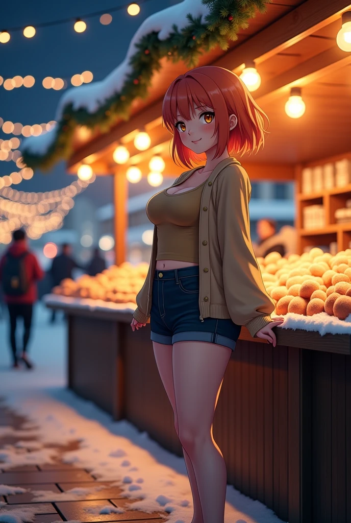 Night, winter, christmas market, a beautiful voluptuous woman with a curvy body, wearing a top, cardigan, tight shorts, waiting at a christmas stand, bokeh, depth of field, anime girl, orange hair, solo, short hair, smile, full body, 4k hd, legs visible, tall, brown eyes, 1girl, 4k hd, (huge tits), smile, in black Flats,