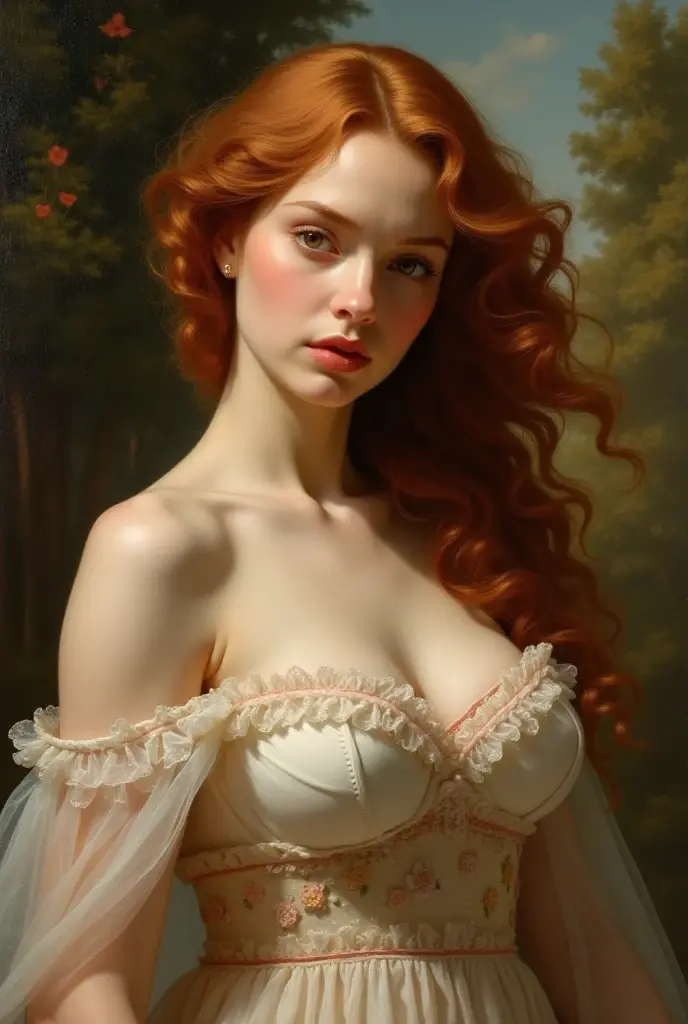 painting of a pale skin muscular 18 year old redhead girl with huge breasts in a classical setting, featuring intricate details in her delicate facial features, graceful posture, and soft flowing hair, surrounded by lush greenery and soft dappled light, in the style of William-Adolphe Bouguereau, capturing the essence of beauty and realism