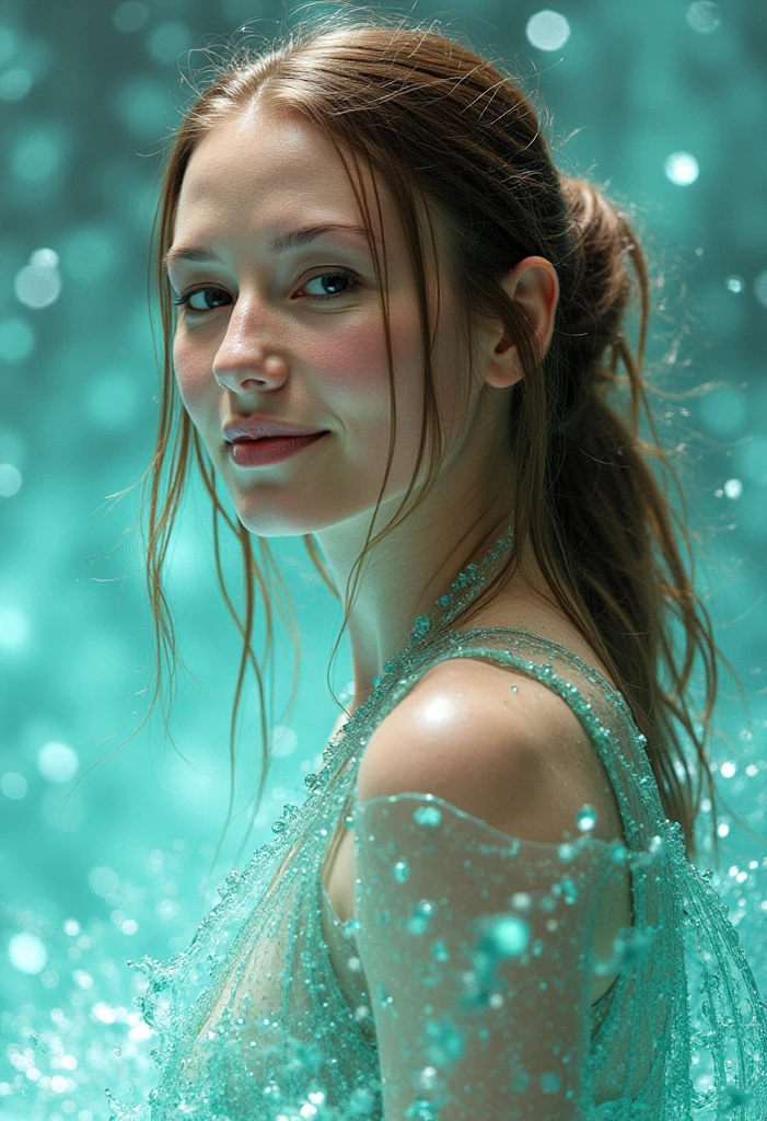 facing away from the audience,Silver-haired woman with low double ponytail,watery big eyes,Pink hair accessories,Enchanted smile,Get out of the water,Detailed depiction of water droplets on the body,The delicate rose pattern tattoo on the back comes to life,There is fog on the surface of the water,Blur lighting effects,Close-up shot,Best quality photos,16K High Resolution。