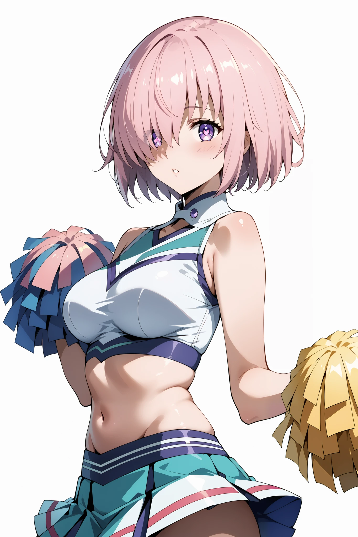 score_9, score_8_up, score_7_up, source_anime, 4K,perfect fingers,(perfect hands, perfect anatomy),prefect lighting, very aesthetic, intricate details,highly detailed background, masterpiece, high quality, best quality,
1girl, mashkyrielight, mash kyrielight, short hair, purple eyes, pink hair, hair over one eye, large breast,
wearing ((cheerleader, frilled skirt、separate, ))
front, Angle from the side、White background, Simple Background、Character portrait, pink heart pupils,