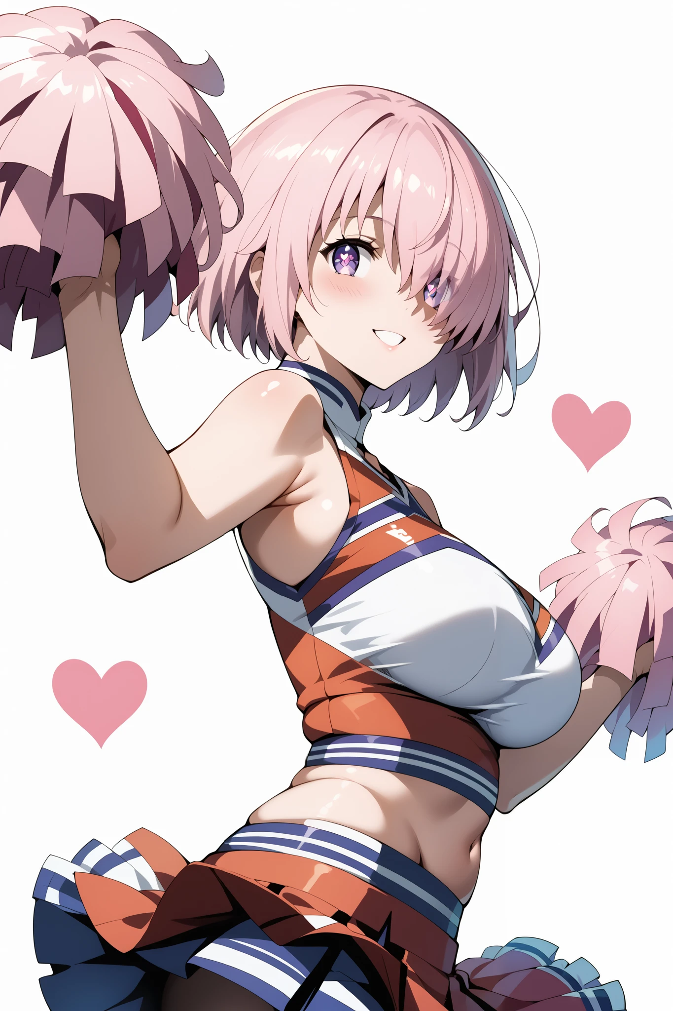 score_9, score_8_up, score_7_up, source_anime, 4K,perfect fingers,(perfect hands, perfect anatomy),prefect lighting, very aesthetic, intricate details,highly detailed background, masterpiece, high quality, best quality,
1girl, mashkyrielight, mash kyrielight, short hair, purple eyes, pink hair, hair over one eye, large breast,
wearing ((cheerleader, frilled skirt、separate, ))
front, Angle from the side、White background, Simple Background、Character portrait, pink heart pupils,