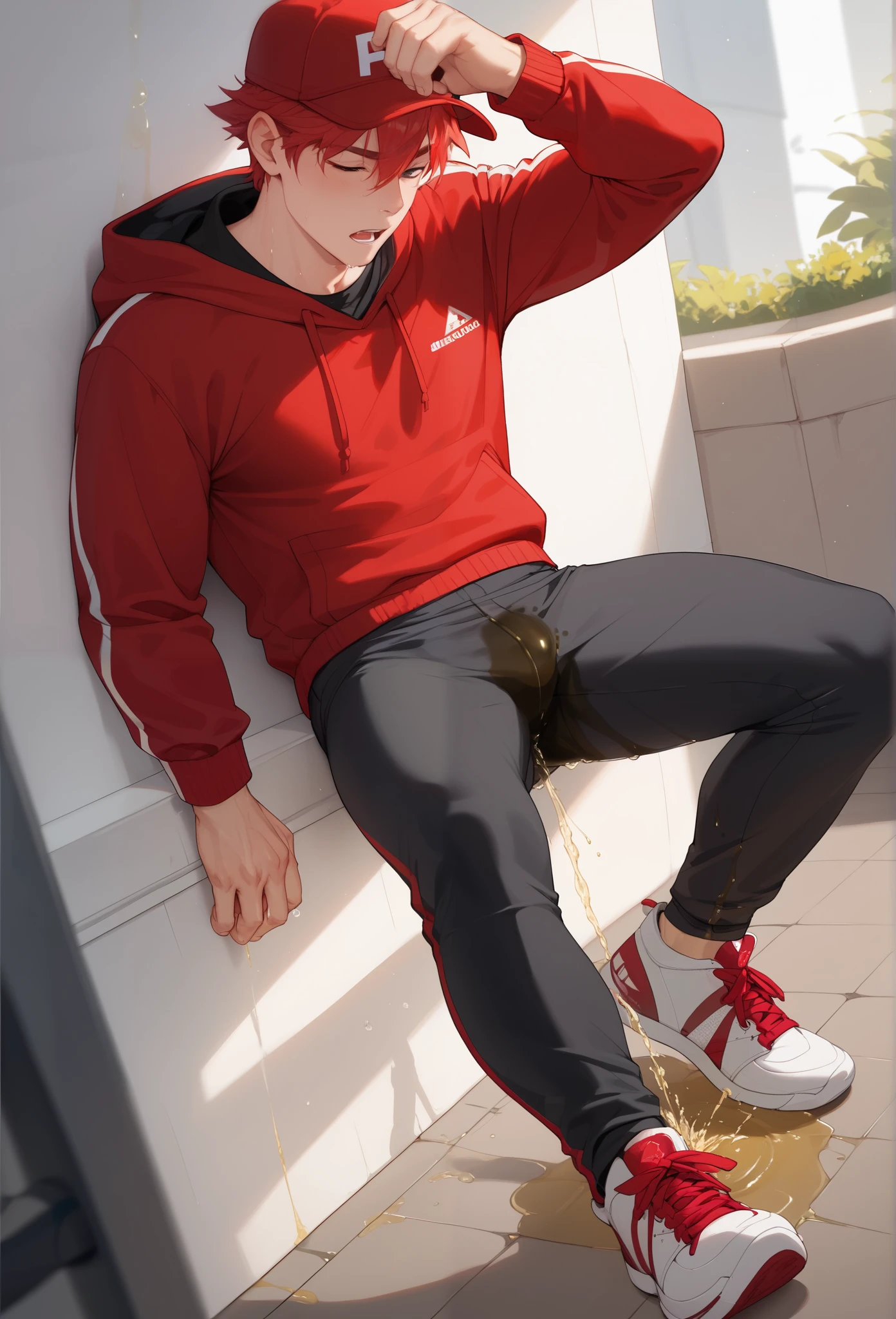 LiaqN.Red haired man.Handsome.Wearing a red hoodie cap Black Skinny Pants Hi Top Sneakers.He couldn't hold his pee. There is a large pee wet spot on his crotch. Pee stain on his pants. Pee wet spot on his crotch. He is ashamed of peeing himself