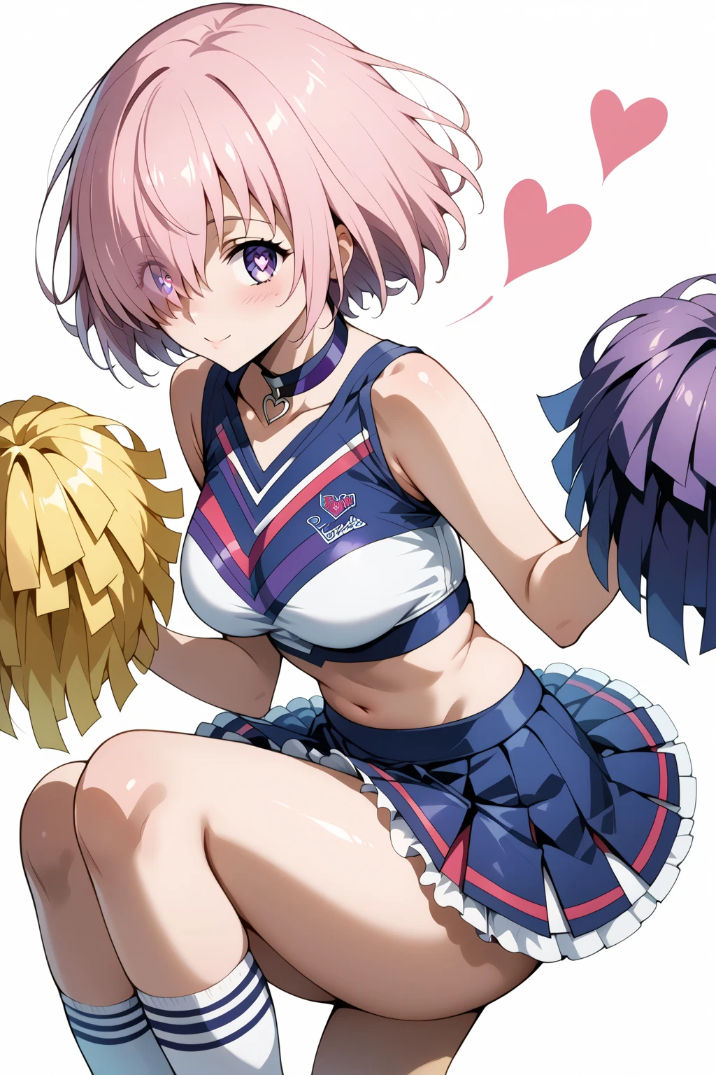 Perfect face. Perfect hands. A pink haired woman with violet eye and an hourglass figure in a t-shirt and gym shorts is smiling while stretching on the grass by the track