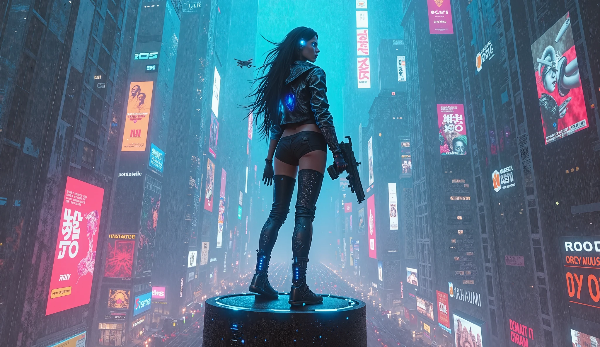 (((aerial view))) of futuristic city, hologram neon buildings, (((futuristic flying cars))) and futuristic cars, Surreal cyberpunk city, in a Future cyberpunk city, 3d rendering Beeple, at night. large-breast photorealistic slim sexy woman, (((breast cleavage))), perfect face, tank top, (((((((miniskirt, black sunglasses, pistol shooting pose))))))), standing, leaning forward, (((((half-body thigh level medium shot))))).