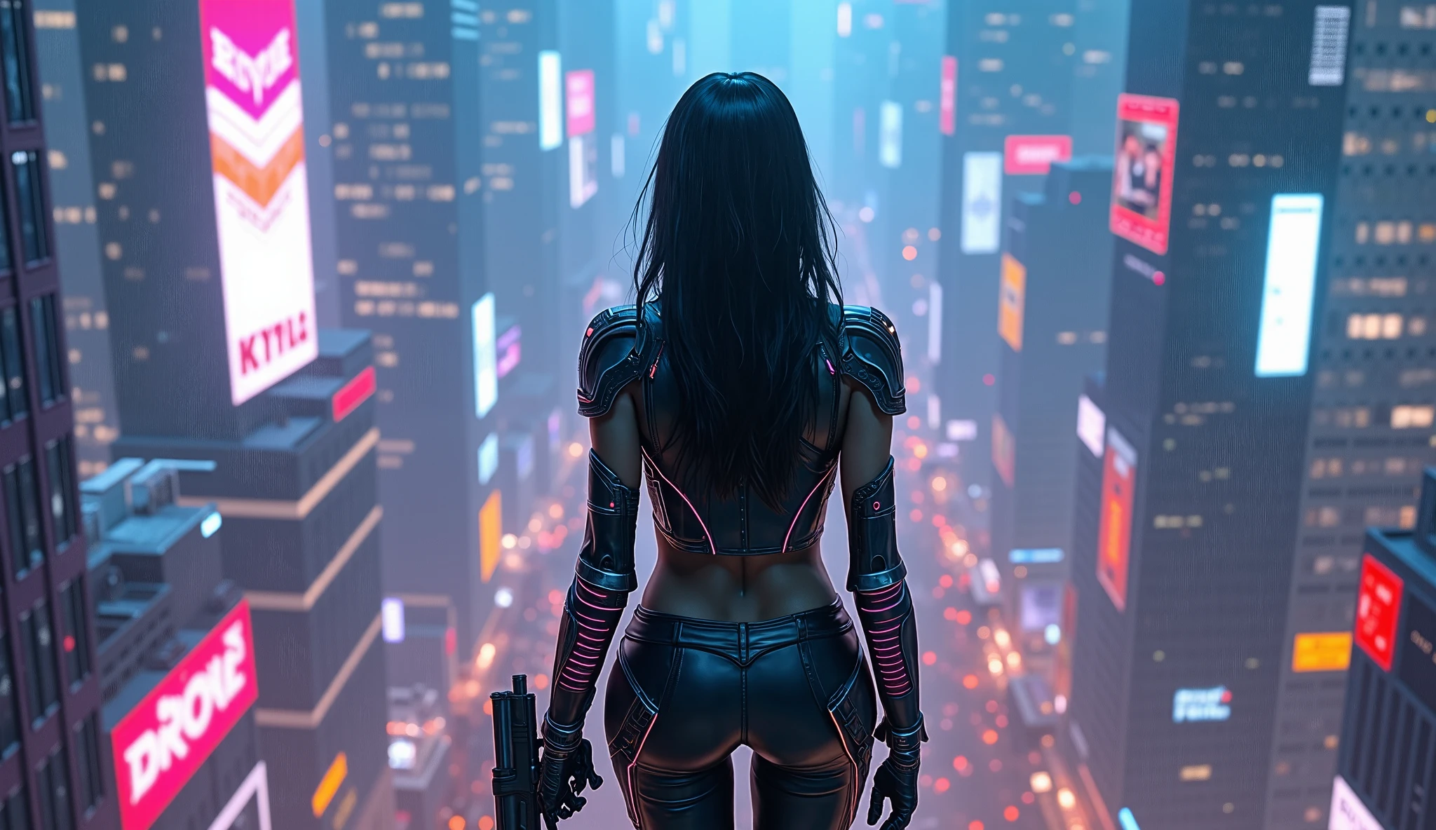 A woman in futuristic light armor in an abandoned section of a dystopian futuristic city as seen from behind, ((firing weapon at unseen enemy)), (rifle), one woman, lone figure, night render, graffiti, worn and faded signage, cyberpunk, flashing lights, fog and mist, industrial atmosphere of dark fantasy, Ghost in the Shell and Bladerunner inspiration, disturbing, unnerving, creepy, unsettling, cloudy weather, steel textures, cement and stone textures, rust textures, Sublime rendering, extreme detailing, dynamic background, 32k maximalist, fantasy art, sharp lines, masterpiece