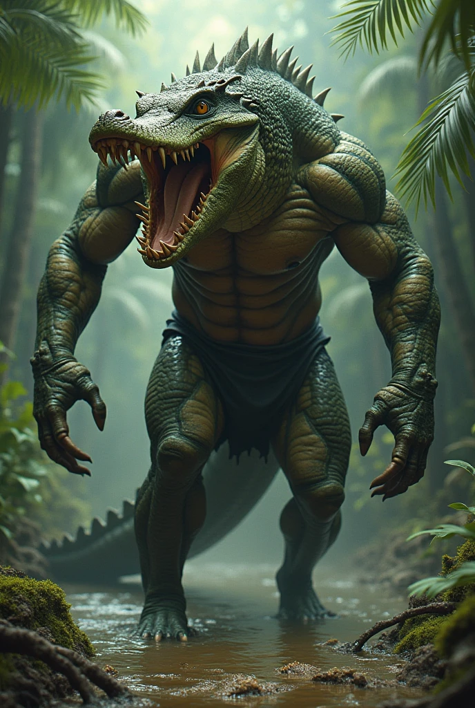 Male albino crocodile human hybrid ,scarring ,terrifying ,angry ,crocodile head ,crocodile tail ,alligator head ,mouth ,jaw ,muscular ,terrifying ,3d ,realistic ,in forest swamp ,warrior ,bloody ,angry ,A semi-medium long flaccid penis with foreskin visible ,teeth ,open mouth ,Stick out her tongue ,pee ,testicles ,saliva ,ASS ,feet ,1boy lonely man,