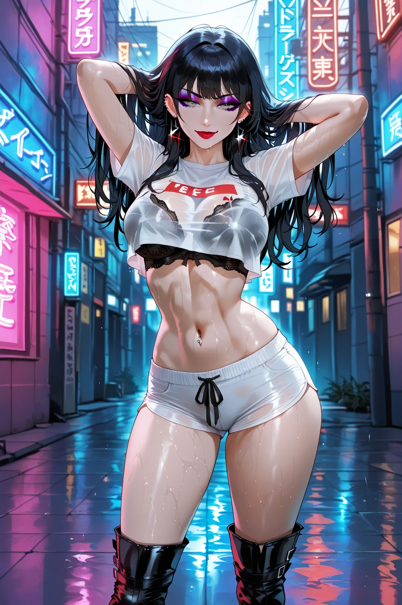 rave girl,(((1girl))),((girl with extremely cute and beautiful hair)),((Asian features)), (big breasts: 1.5 (((neon white dark hair: 1.55, wild hair, long hair: 2.1, colored inner hair, breathing in the ears))), (((neon Green_eyes: 1, 7))), intricate eyes, beautiful detailed eyes, symmetrical eyes, slanted eyes: 15,((((skin shiny: 1.8, shiny skin: 1.8, shiny skin, very shiny skin, shiny body, plastic shiny skin, exaggerated shiny skin, shiny skin , wet legs))),(spider lower abdomen, narrow waist, five fingers, perfect hands, athletic body, detailed body, (((detailed face))), cute, slutty, seductive, erotic, (((nsfw))), zettai ryouiki, revealing clothes, skin show, (transparent shirt),((jewelry)), ((wet clothes, complex clothes, complex clothes)),((sideboob)), cyberpunk city at seaside at night with glowing signs, neon lights and dark storm clouds and puddles, scenery: 1.25, night, starry night, cosmos, very dark night that highlights neon lights, very bright neon lights, artistic photography , (photo taken by sldr), high resolution, sharp focus, (ultra detailed, extremely detailed), art (photorealistic): 1.37), (extremely detailed Unit CG 8k wallpaper), ((synthwave background theme) ), (((vibrant colors))), intricate, (intricate background), (masterpiece), (best quality), perfect rendered face, perfect face details, realistic face, realistic photo, analog style, ((details intricate)), (((realism)) )