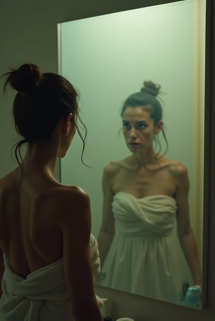 (masterpiece, best quality:1.2), (woman standing in front of a mirror:1.3), (intense gaze, self-reflection:1.3), (shadow of another person in the mirror:1.2), (woman not looking away:1.3), (dramatic lighting, high contrast:1.2), (soft reflections, subtle details:1.2), (8K, ultra-detailed, hyper-detailed, RAW photo quality, Unreal Engine rendering:1.3)