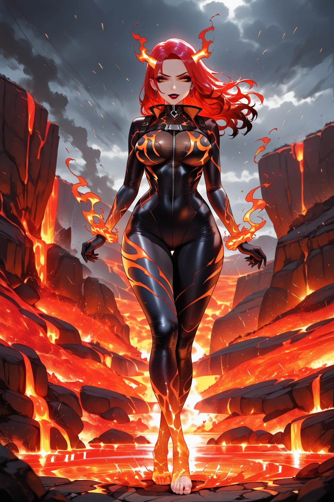 Storyboard, masterpiece, highest quality, dragonlady queen, perfect demoness, long legs, hourglass figure, curvy hips, busty, bright red glowing eyes, detailed eyes (1.4), scars on face, villainous expression, flaming skin body with bioluminescent glowing pattern, ready for battle, blurred stormy background, dark atmosphere, lighting in background,full body,