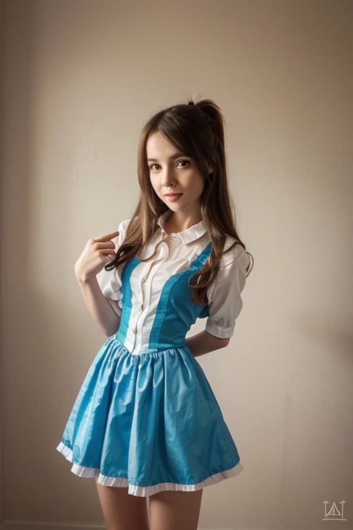 beautiful sexy little 9 years old Russian school girl, thin, long brown hair, with a ponytail, blue eyes, big red lips, dressing like a whore, harrased and groped on the bed by an older man