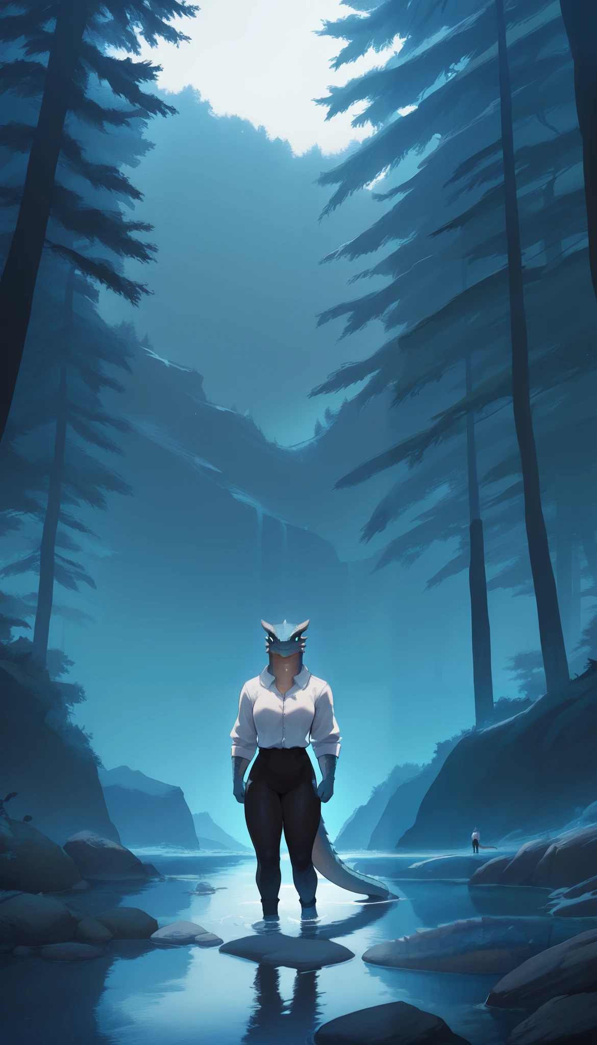 dragonborn, nalani, scalie, masterpiece, best quality, amazing quality, very aesthetic, absurdres, scenery, extreme detail, detailed eyes, anthro, reptile, solo, detailed scales, thick tail, wearing a white button-up shirt with long sleeves, wearing dark-colored pants,