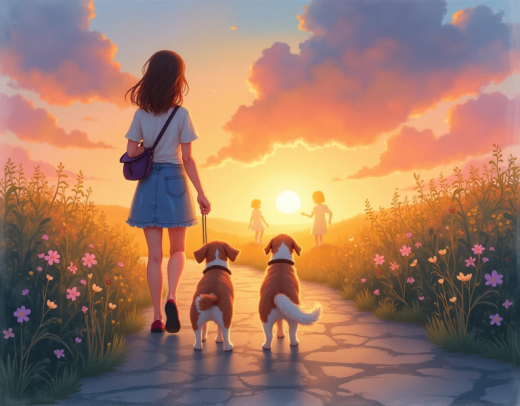 A watercolor illustration that captures the essence of life's little pleasures. A woman walks with her dogs on a path illuminated by the dim light of the moon and the golden dawn. On the horizon, The sun begins to hide, dyeing the sky in warm tones like oranges, roses and lilacs . At your side, subtle translucent figures represent memories of their ren, being reflected in them with a nostalgic smile. The composition breathes calm, gratitude and connection with the essentials, with soft colors that convey warmth and harmony.