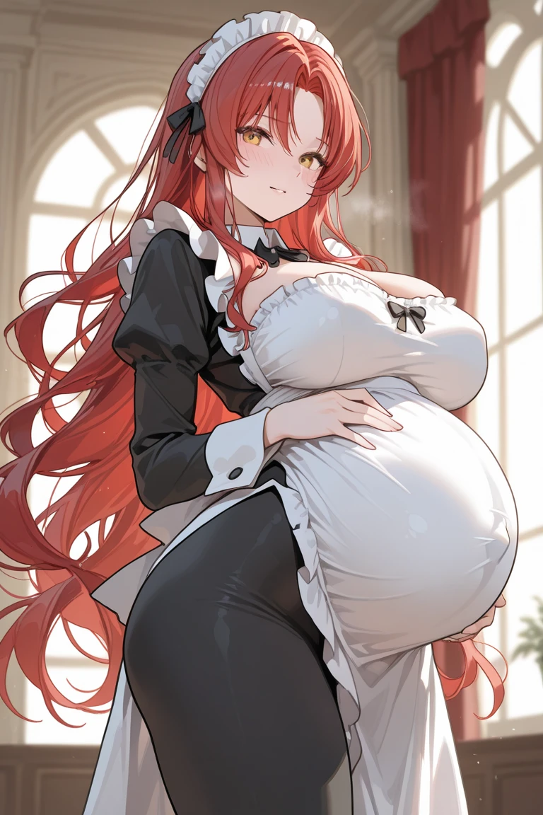 Beautiful pregnant female maid, mature, bunny ears, wants to have sex with me, cleavage, maid dress, red hair 
