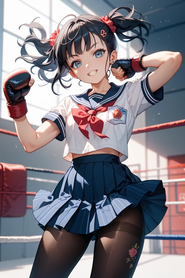 masterpiece, best quality, ultra-detailed, illustration, an extremely delicate and beautiful,high resolution, ultra-detailed,,perfect face,slender perfect body, Tight belly,Toned buttocks,Constricted waist,,1girl,(blue school uniform1.7),(bike shorts under red skirt:1.5),(in skyscraper:1.3),10yo,child,(boxing gloves,fighting pose:1.5),(mesh hair:1.2),(very short hair),(anger),(shirt comes off:1.7),(very long hair), shy daughter, short stature,(small breasts),( sweaty skin:1.2),(front view:1.5),(bike shorts),(show off bike shorts),(spread legs),(cameltoe:1.2)