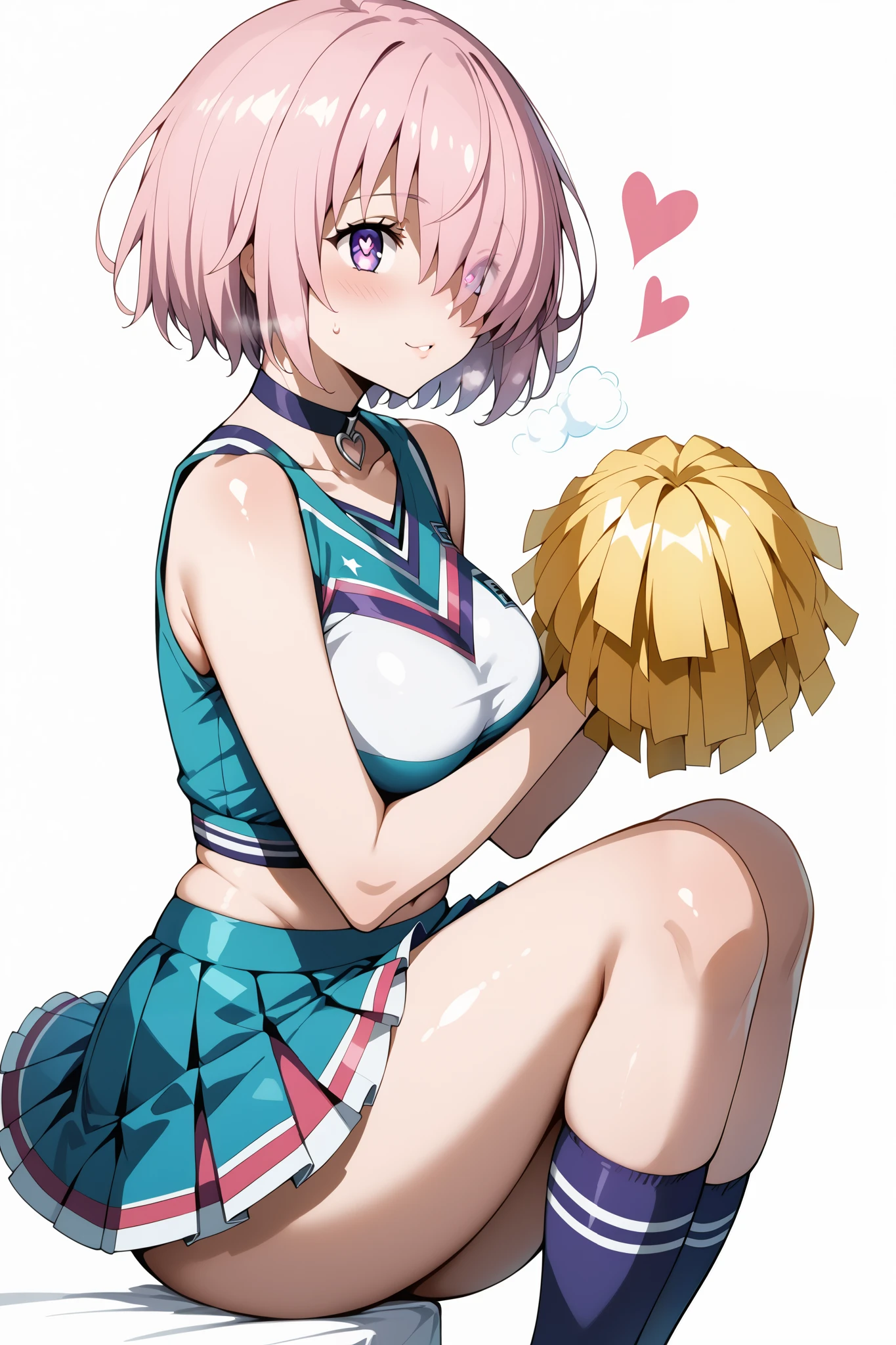 score_9, score_8_up, score_7_up, source_anime, 4K,perfect fingers,(perfect hands, perfect anatomy),prefect lighting, very aesthetic, intricate details,highly detailed background, masterpiece, high quality, best quality,
1girl, mashkyrielight, mash kyrielight, short hair, purple eyes, pink hair, hair over one eye, large breast,
wearing ((cheerleader, frilled skirt、separate, Knee-high socks、Choker of Hearts, ))
front, Angle from the side、White background, Simple Background、Character portrait, pink heart pupils, White Breath,